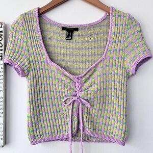 Forever 21 Y2K Short Sleeve Knit Cropped Purple Green Sweater Size M